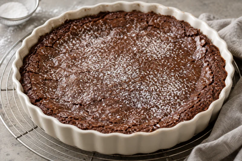 Chokladkladdkaka med sprucken yta i en vit, räfflad form.