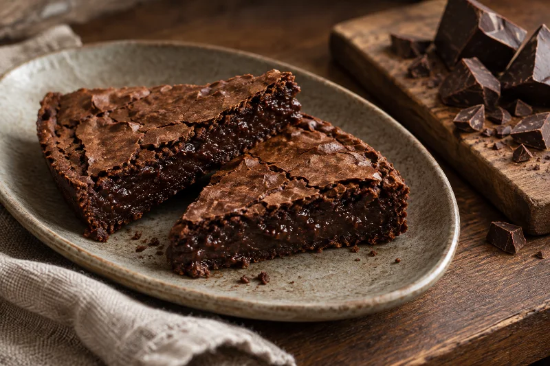 Två bitar mörk kladdkaka på ett fat med hackad choklad bredvid.