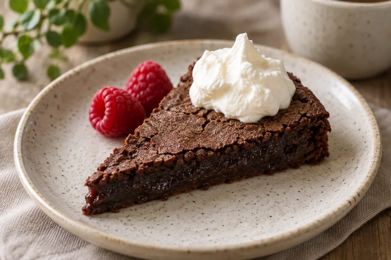 En bit kladdkaka med vispad grädde och hallon på en keramikassiett.