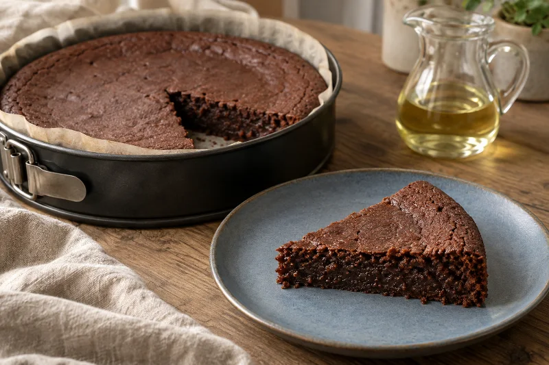 Kladdkaka i en form, en bit på en blå assiett och en liten kanna olja.