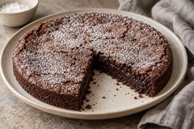 Kladdkaka med florsocker och en utskuren bit på ett ljust fat.