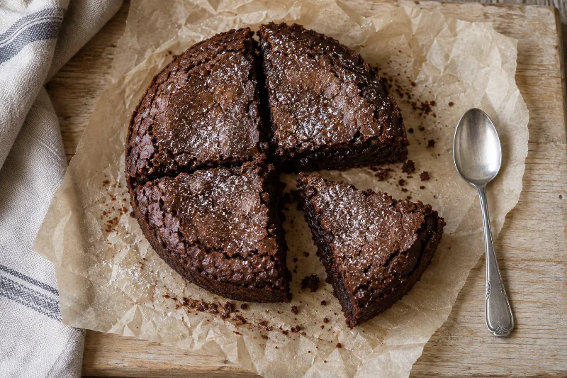 En liten kladdkaka skuren i fyra bitar på bakplåtspapper.