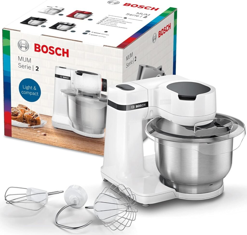 Bosch MUM2 700W - Köksmaskin med hastighetsreglering, knådar/blandar och vispar i tre olika riktningar, skydd mot överbelastning, diskmaskinssäkra delar, vit