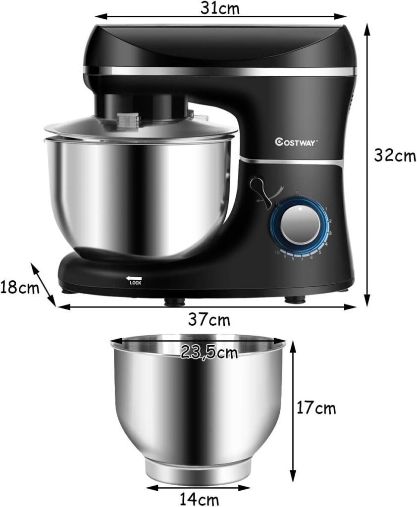 COSTWAY 1 300 W köksmaskin knådningsmaskin, 5,5 l blandare, 10-stegs degmaskin inkl. Visp, degkrok, visp och stänkskydd (svart)